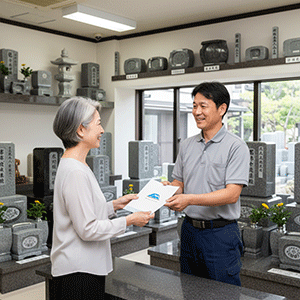 展示場でパンフレットをお渡しする石材店オーナー