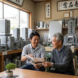 展示場でパンフレットを見ながら商談